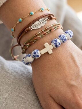 Blue Floral Porcelain-Style Beads with Cream Cross